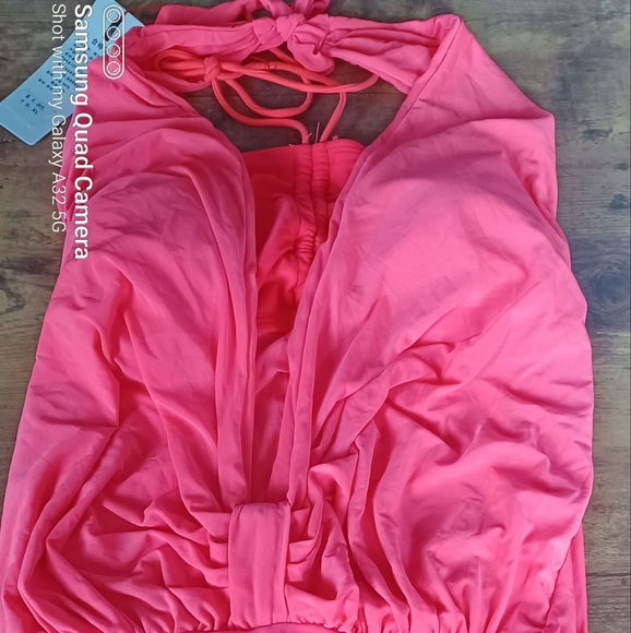 Swim Hot Pink Halter One Piece Deep Plunge Bandeau Layered Swimsuit